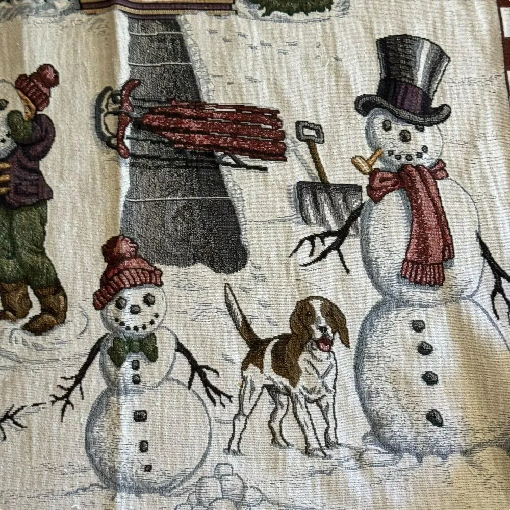 VINTAGE CHRISTMAS AFGHAN TAPESTRY‎ THROW FRINGE 48” x 60” DOG HOUSE SNOWMAN